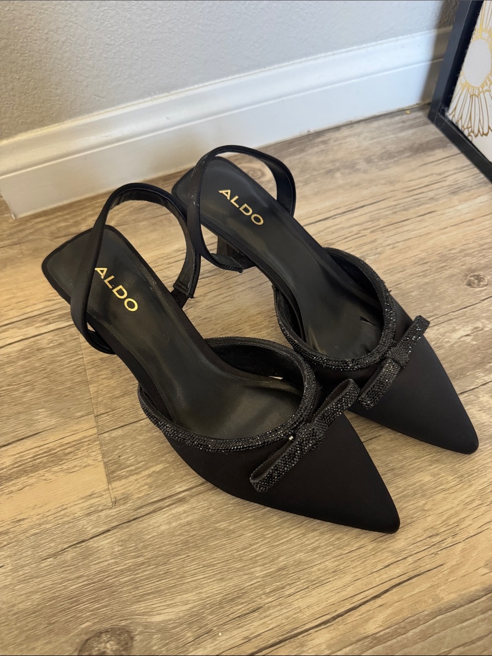 Aldo Black Pointed Slingback Heels with Sparkle Bow